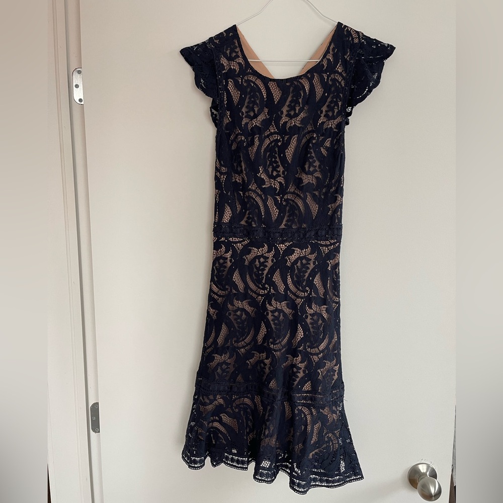 She + Sky Navy Lace Overlay Midi Dress with Nude Lining